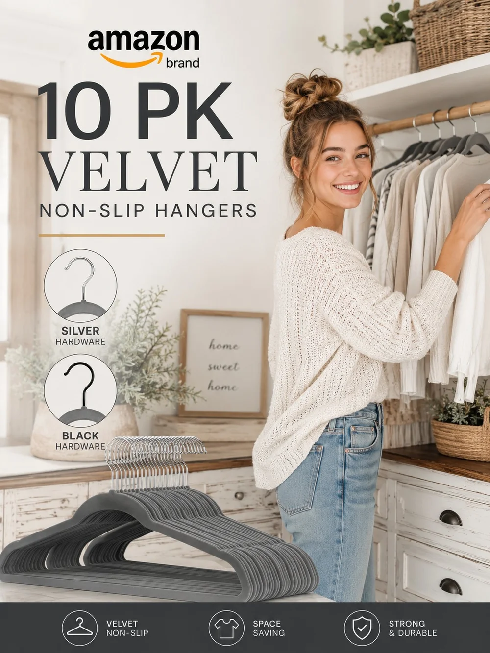 10Pk Grey Velvet Non-Slip Hangers | Silver or Black Hardware | Space Saving |EUC